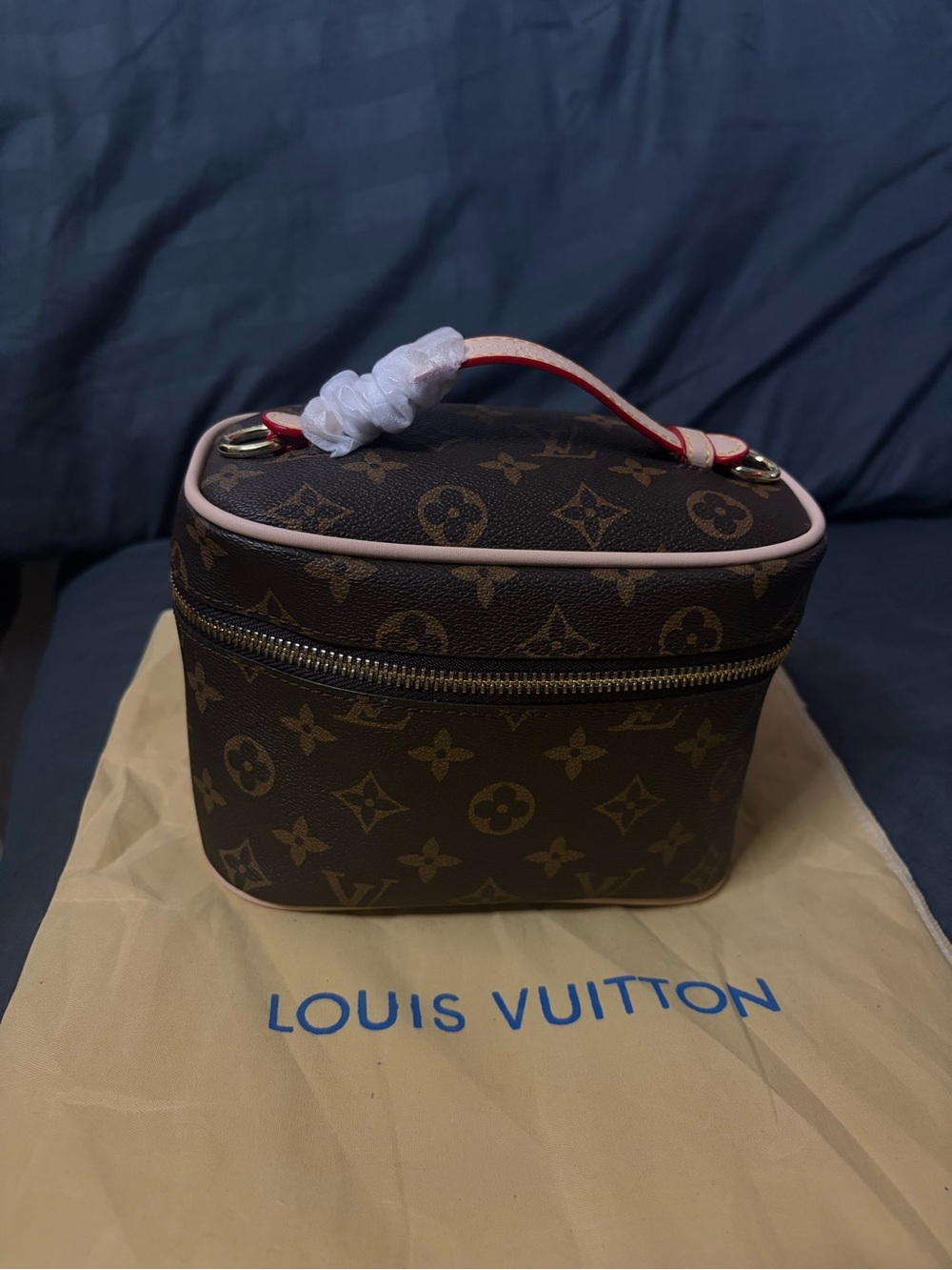 Louis Vuitton Monogram Cosmetic Case with Pink Trim and Red Handle Accent